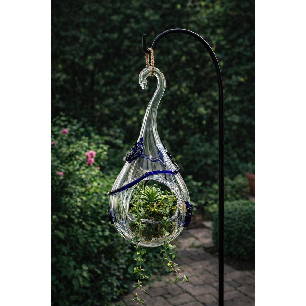 Hand Blown Glass Hanging Terrarium Blue Art Glass Planter Lantern 18”