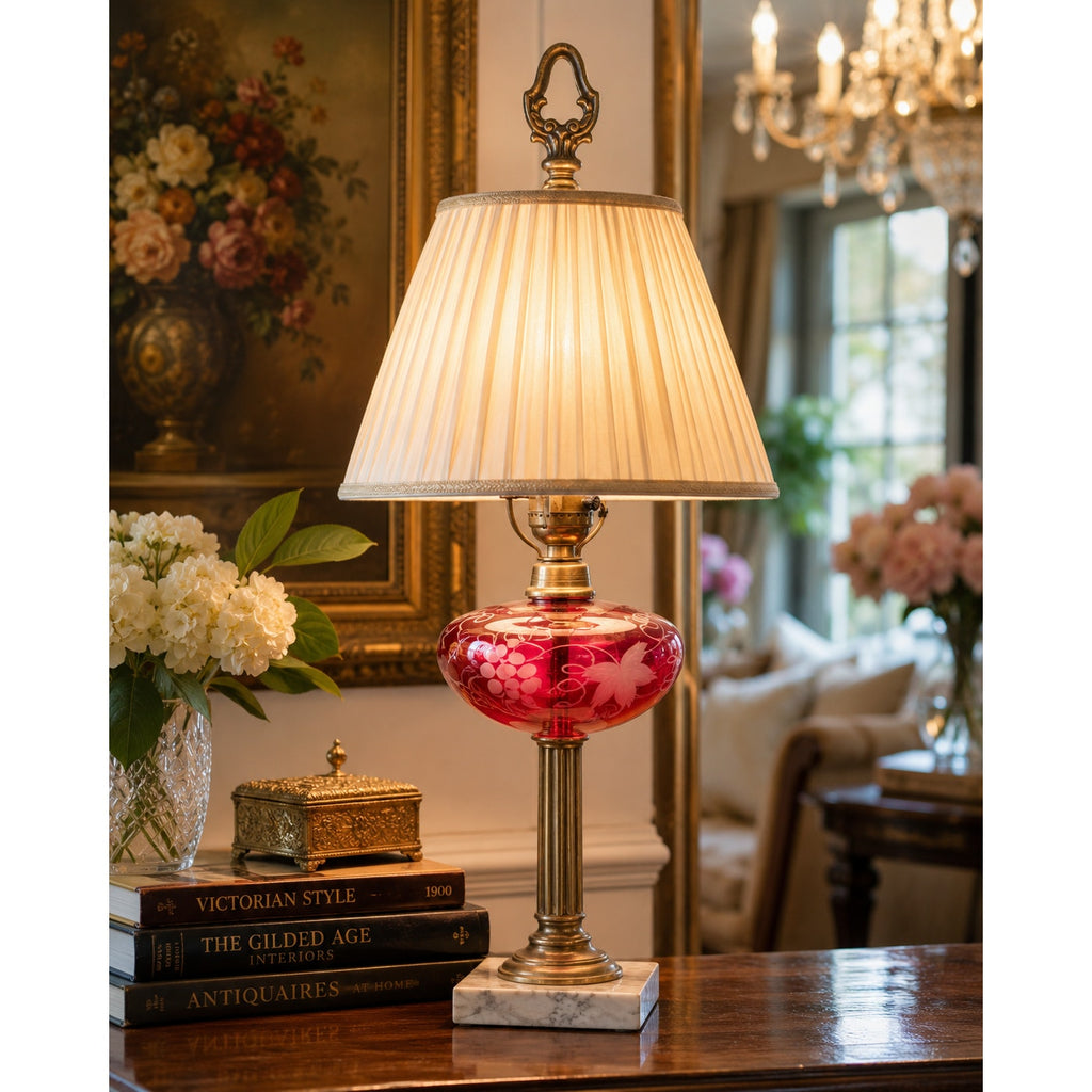 Antique Cranberry Glass Victorian Table Lamp Etched Brass Marble Base