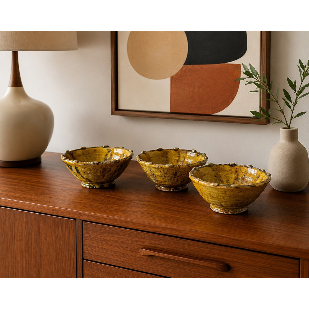 Vintage Tamegroute Ochre Bowls Set of 3 Moroccan Pottery Footed Bowls – main view