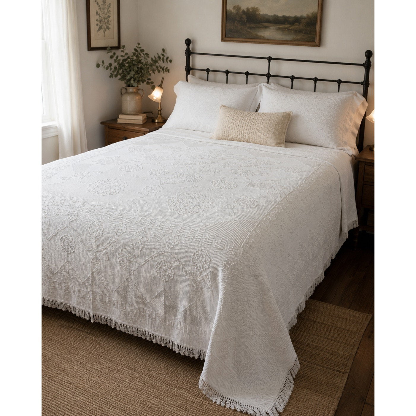 Vintage White Chenille Bedspread King Size 110x90 George Washington's Choice Floral Cotton