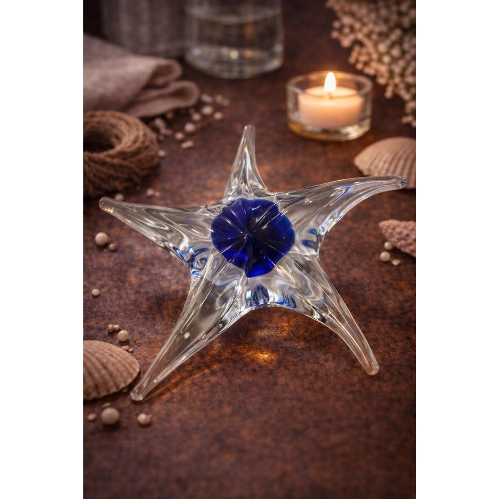 Hand Blown Art Glass Starfish Paperweight Blue Clear 7” Coastal Decor