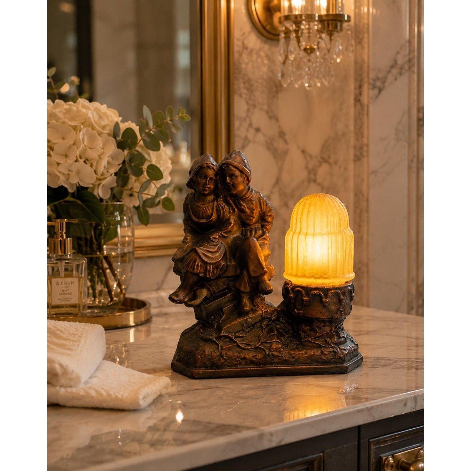 Vintage Chalkware Dutch Couple Lamp | Amber Glass Globe Night Light