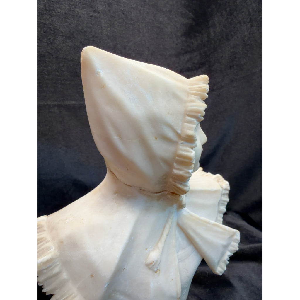 Antique Italian Hand Carved Alabaster Girl Bust Victorian Bonnet Sculpture