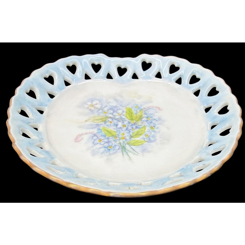 Vintage J.C. Tanner Porcelain Trinket Dish Pierced Hearts Blue Floral Gold – additional view 3