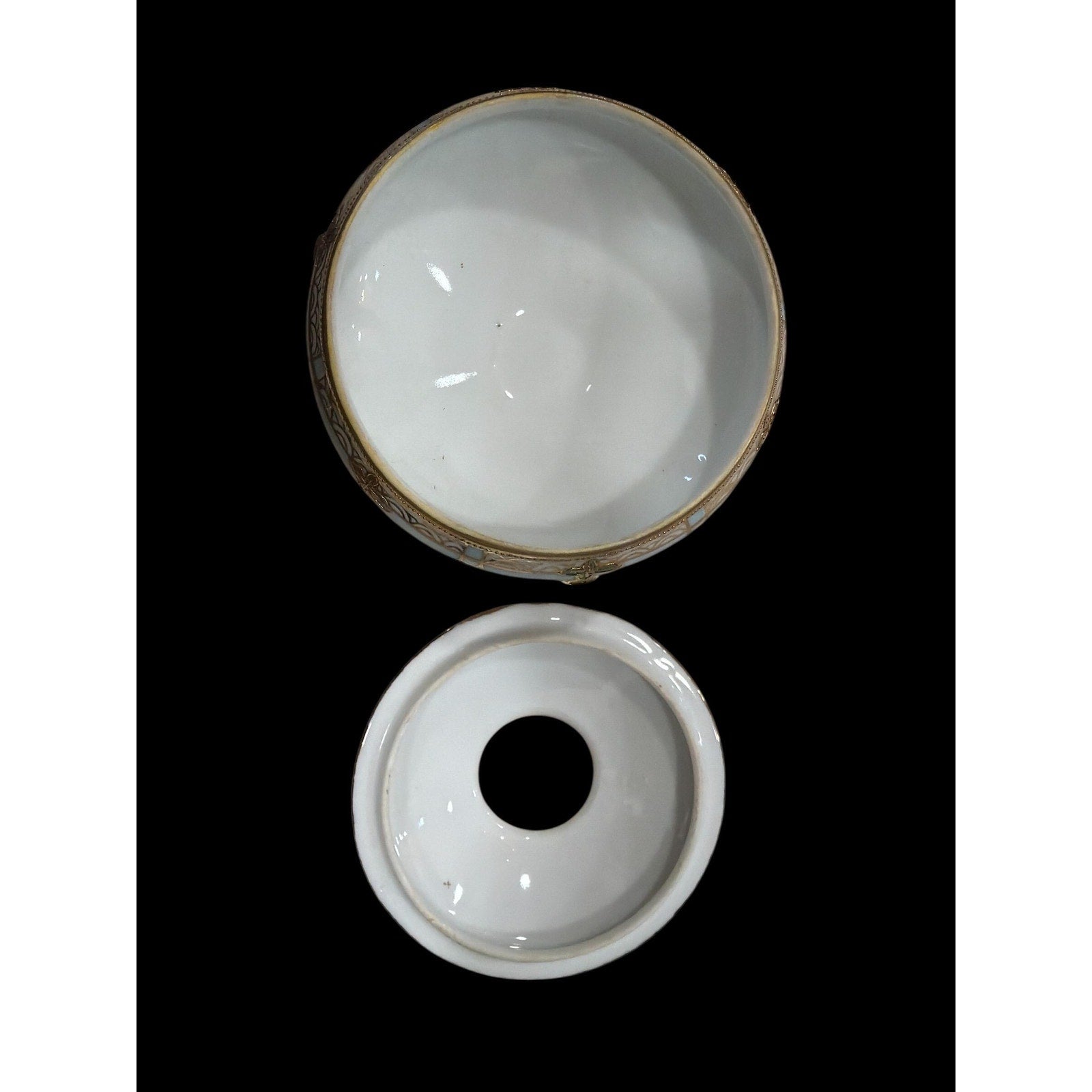 Antique Hand Painted Nippon Porcelain Vanity Jar: Gold Floral Trinket Box