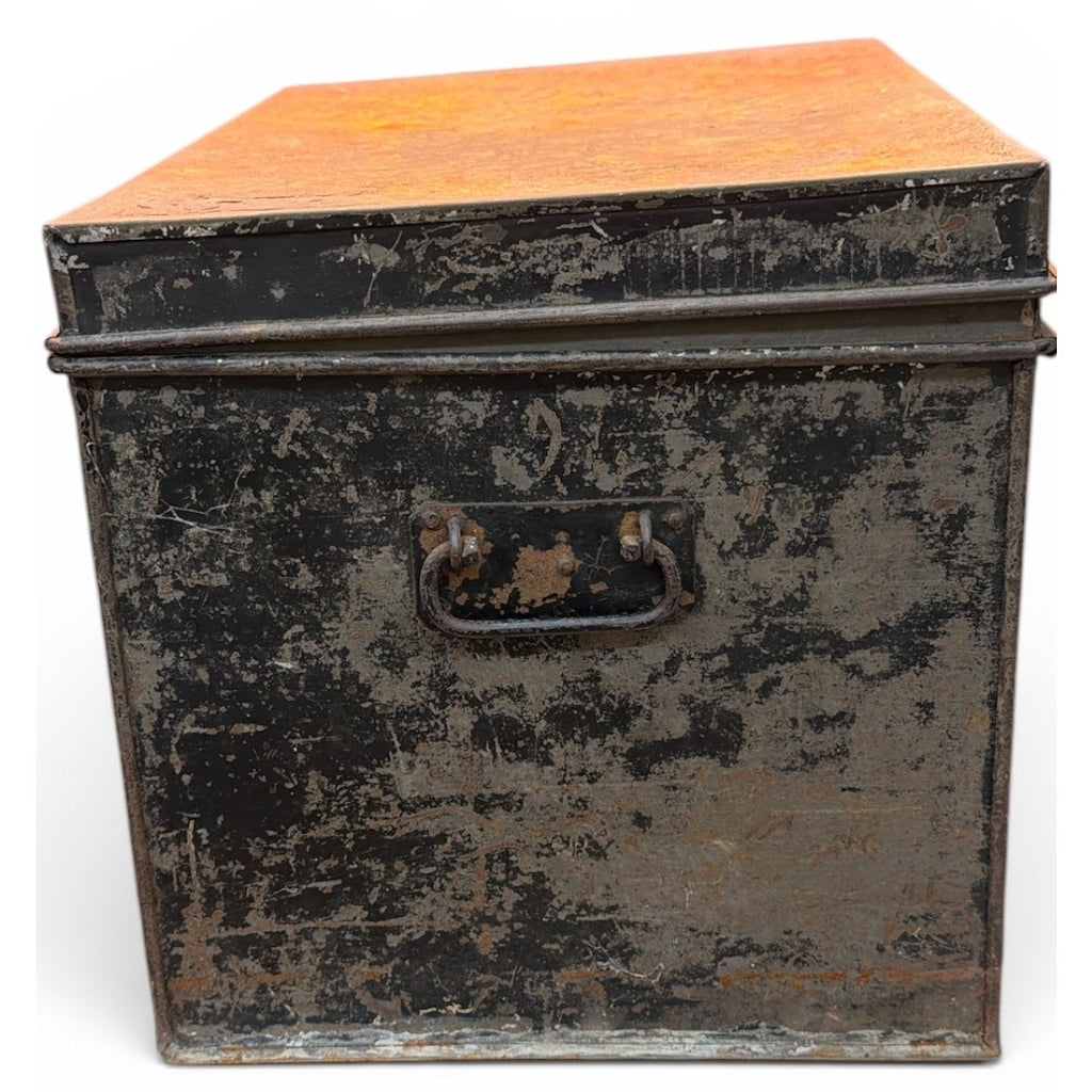 Antique Black Japanned Steel Deed Box Document Chest Industrial Storage