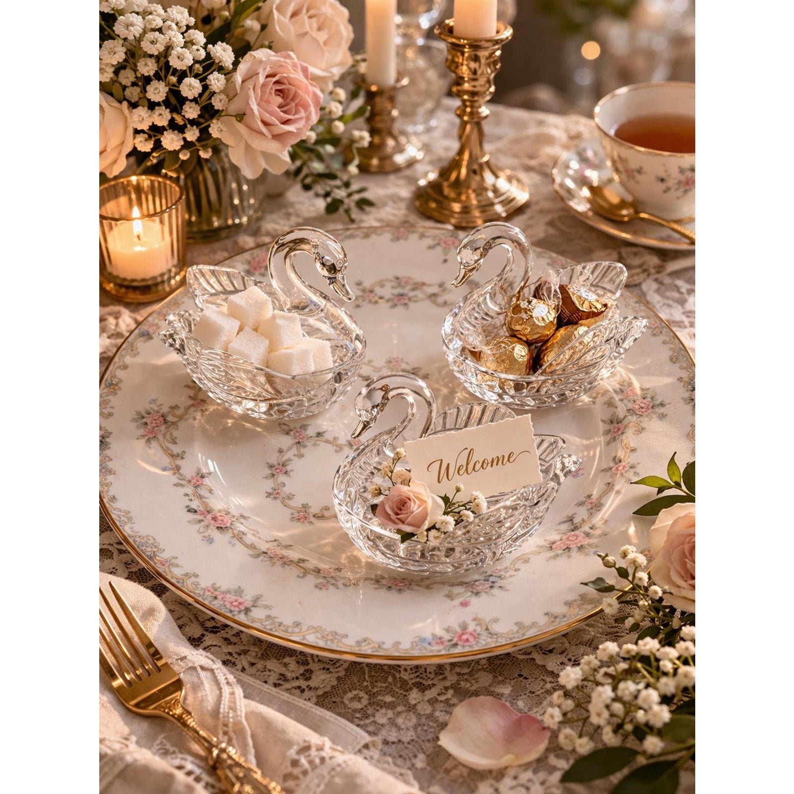 Vintage Swan Crystal Dish Set Noritake Plate Romantic Vanity Decor