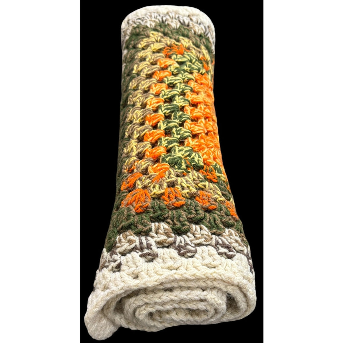 Vintage Crochet Decorative Afghan Orange Green Fall Cabinet Drape 50 x 24