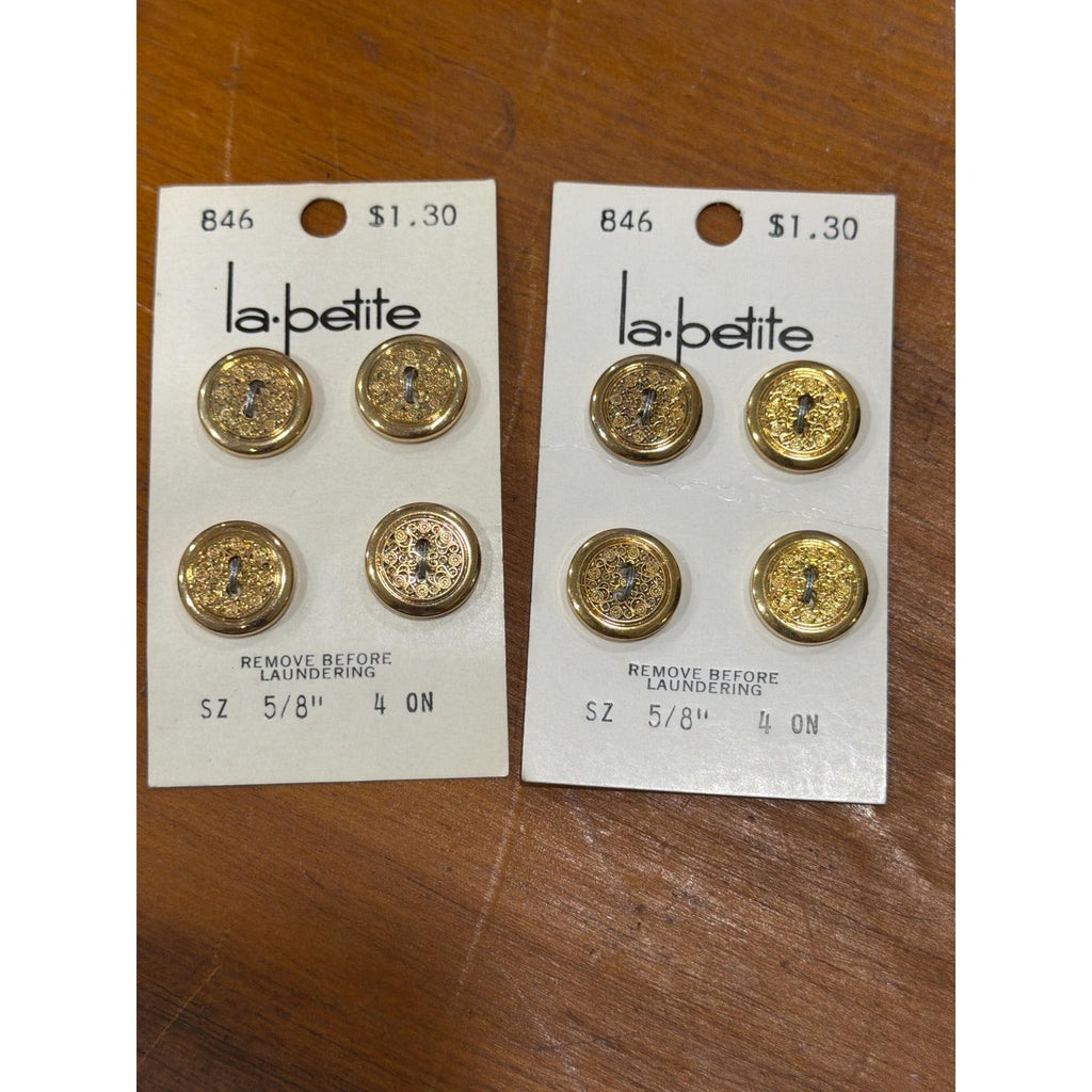 Vintage Gold Tone 2 Hole Buttons Set 8 La Petite 5/8” Ornate Sewing