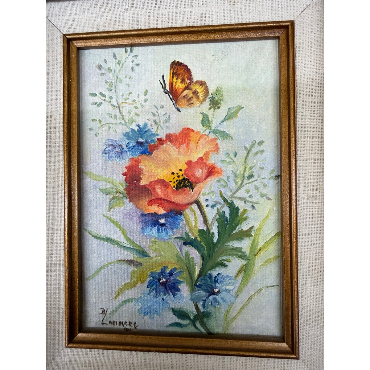 B Larimore 1981 Original Floral Painting Butterfly Signed Framed Vintage Art – additional view 4