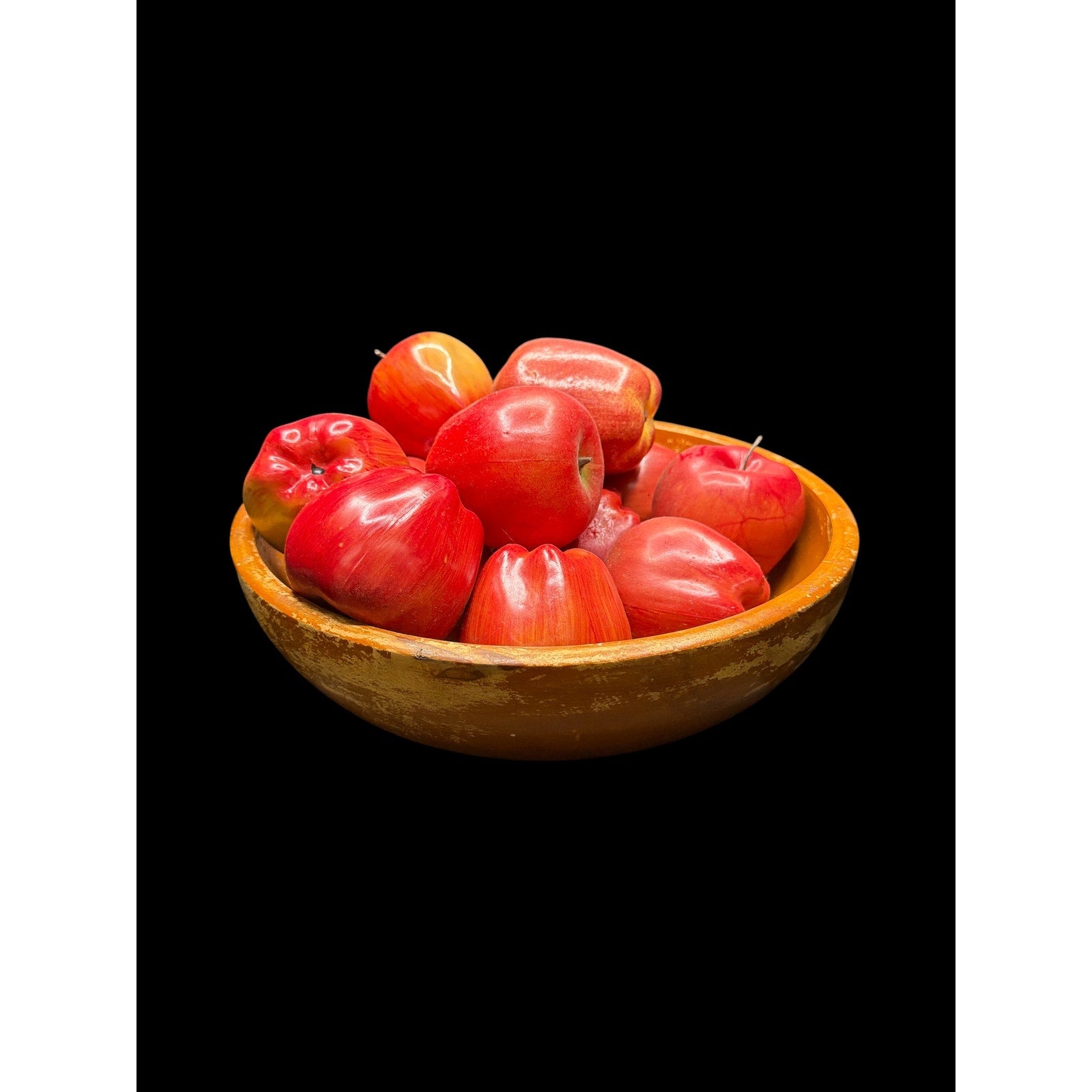 Vintage Wood Bowl with 13 Faux Apples Japan Primitive Farmhouse Decor