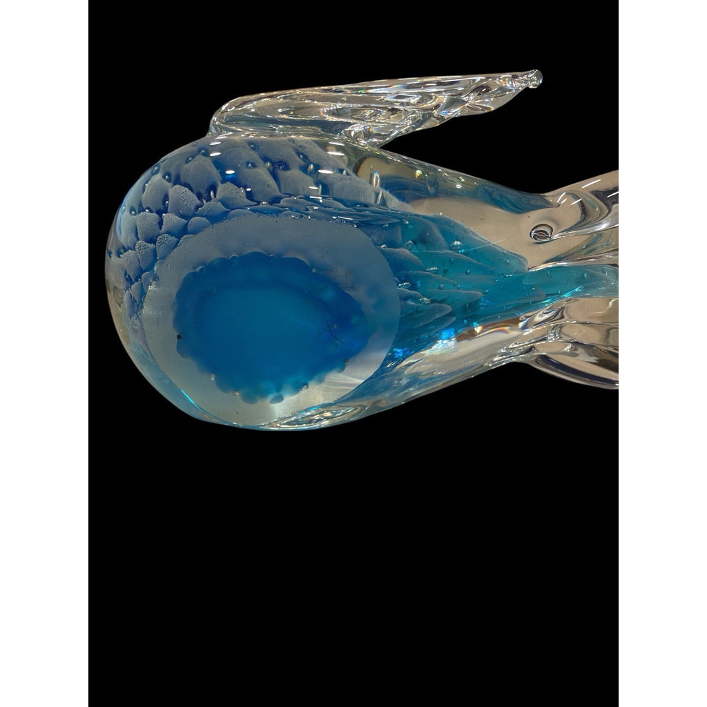 Hand Blown Blue Art Glass Bird Paperweight Figurine 7” Dia Coastal Decor