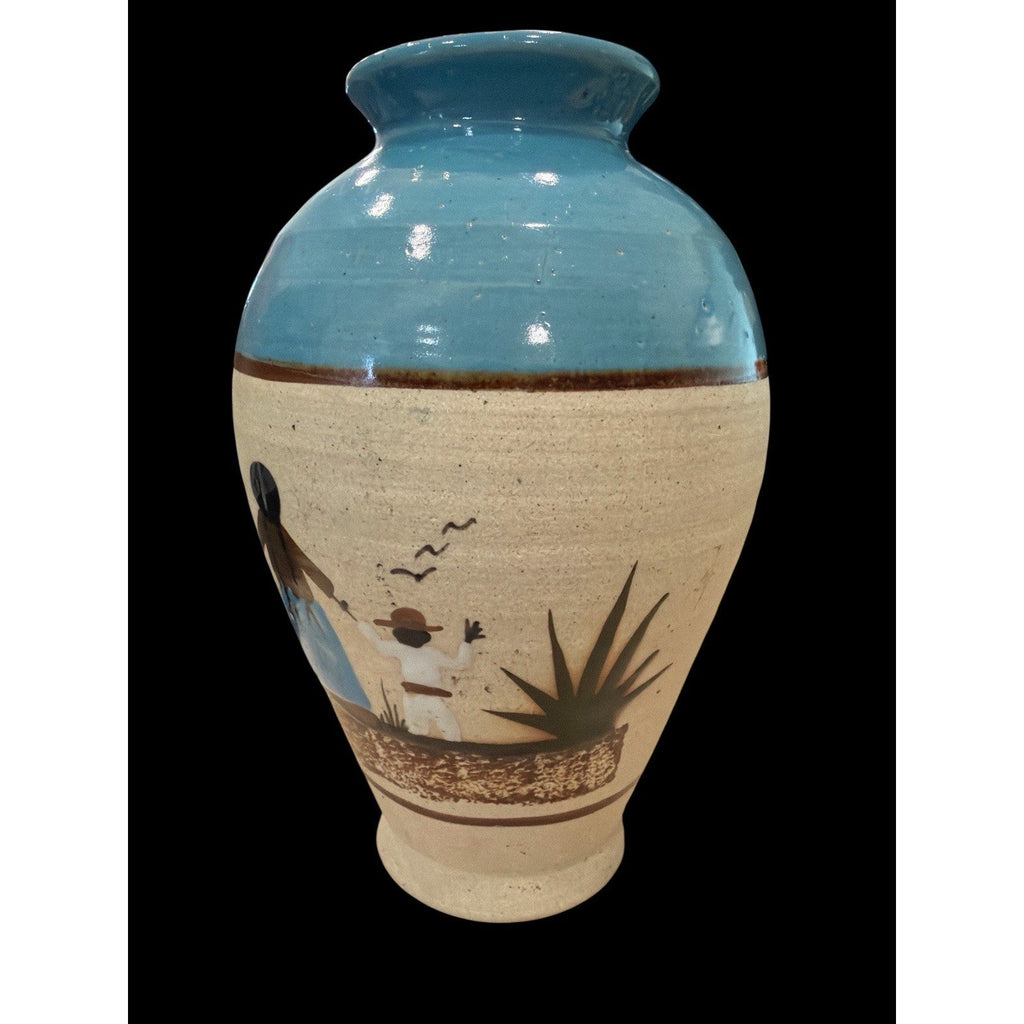 Vintage Mexican Pottery Vase Hand Painted Desert Scene Turquoise 9.5 Inch