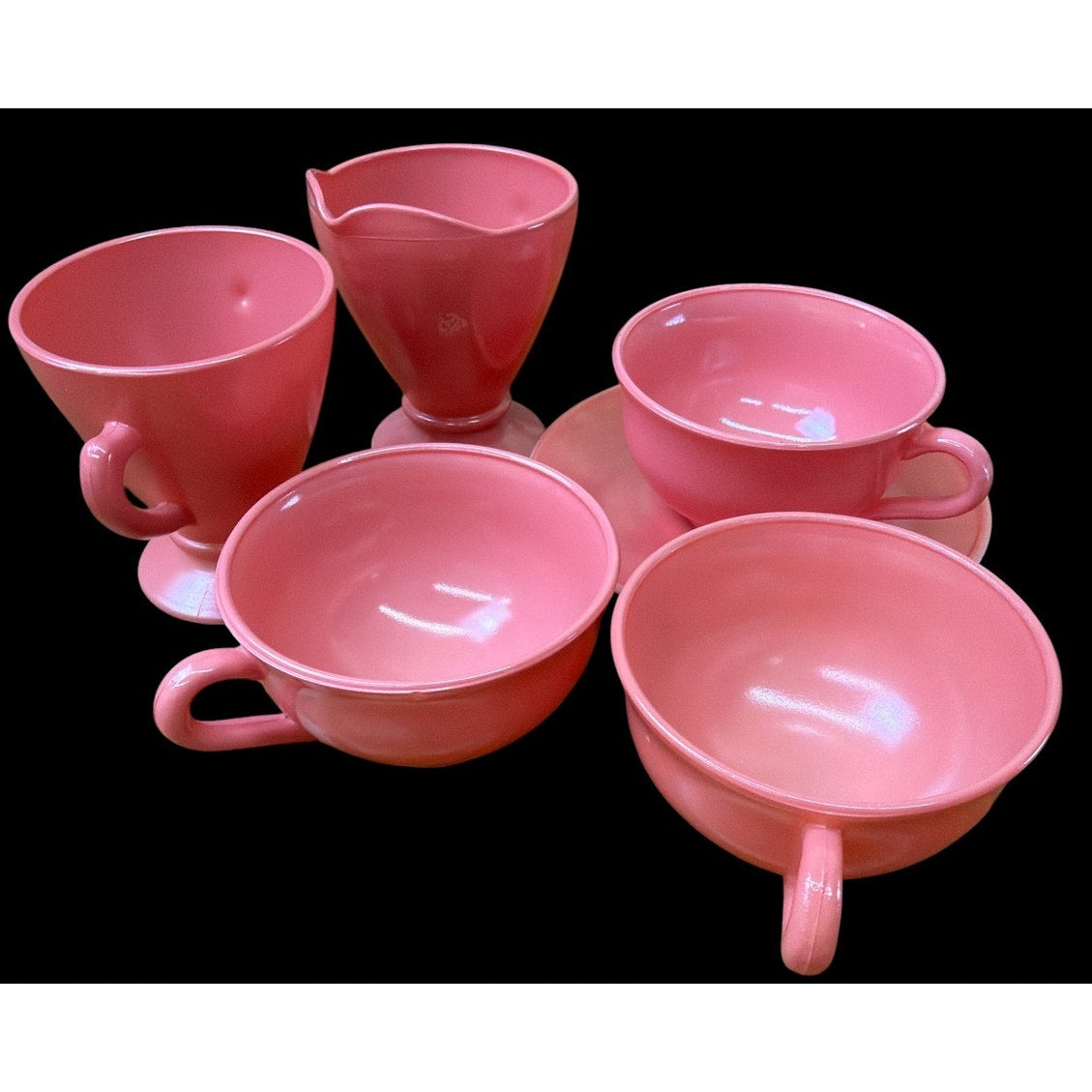 Hazel Atlas Moderntone Salmon Pink Platonite Cups Sugar Creamer Set – main view