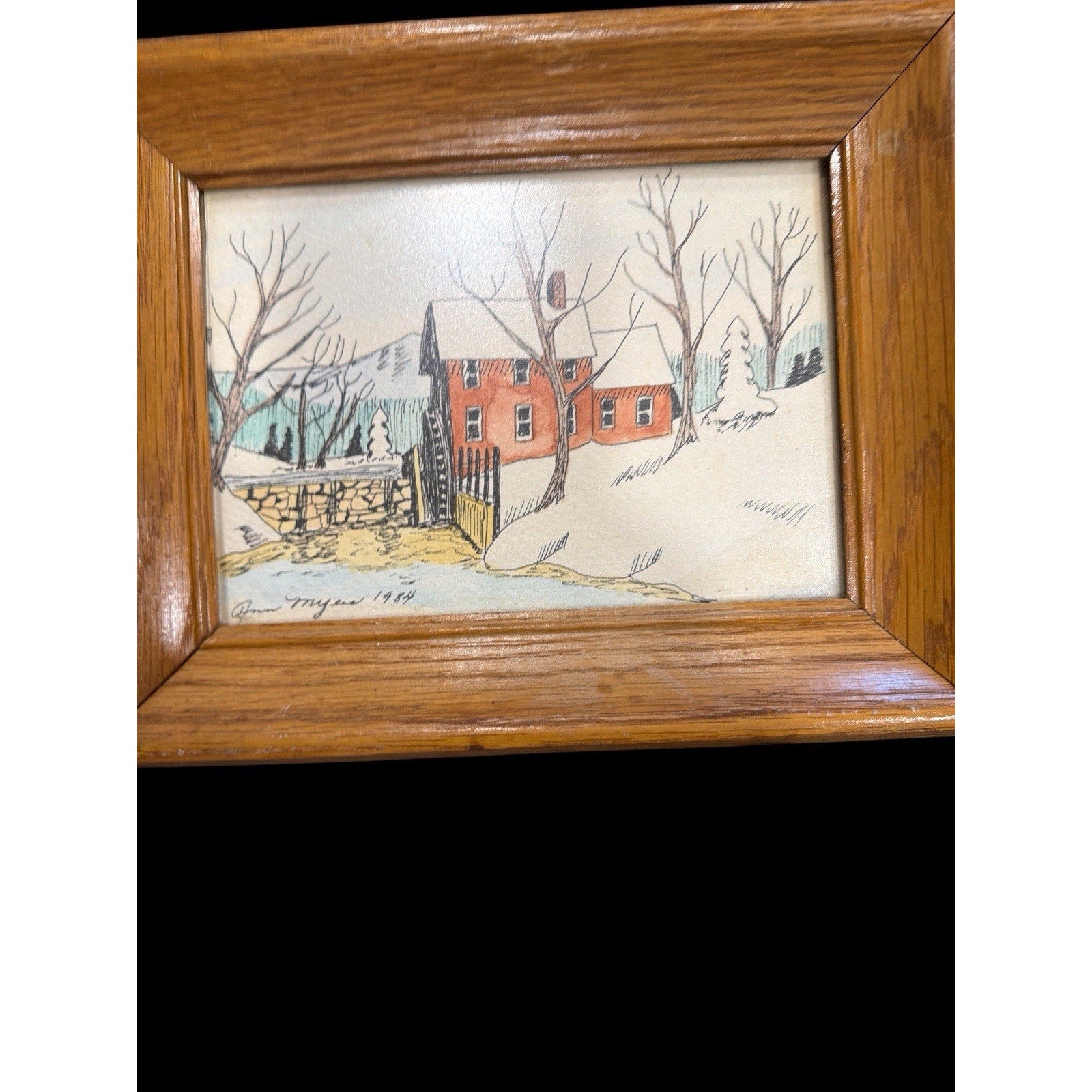 Original Watercolor Farmhouse Paintings Signed Ann Myers Pair Framed Folk Art