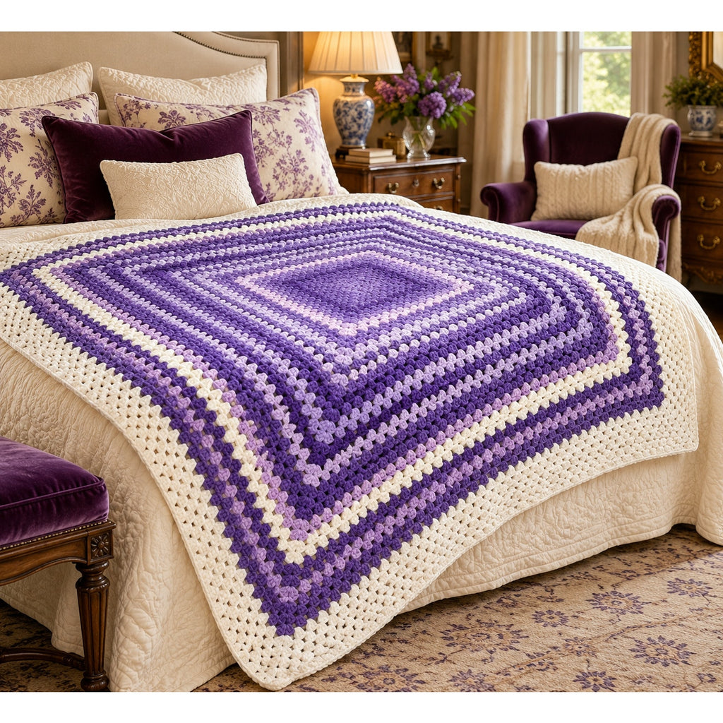 Handmade purple lavender and cream granny stitch crochet afghan