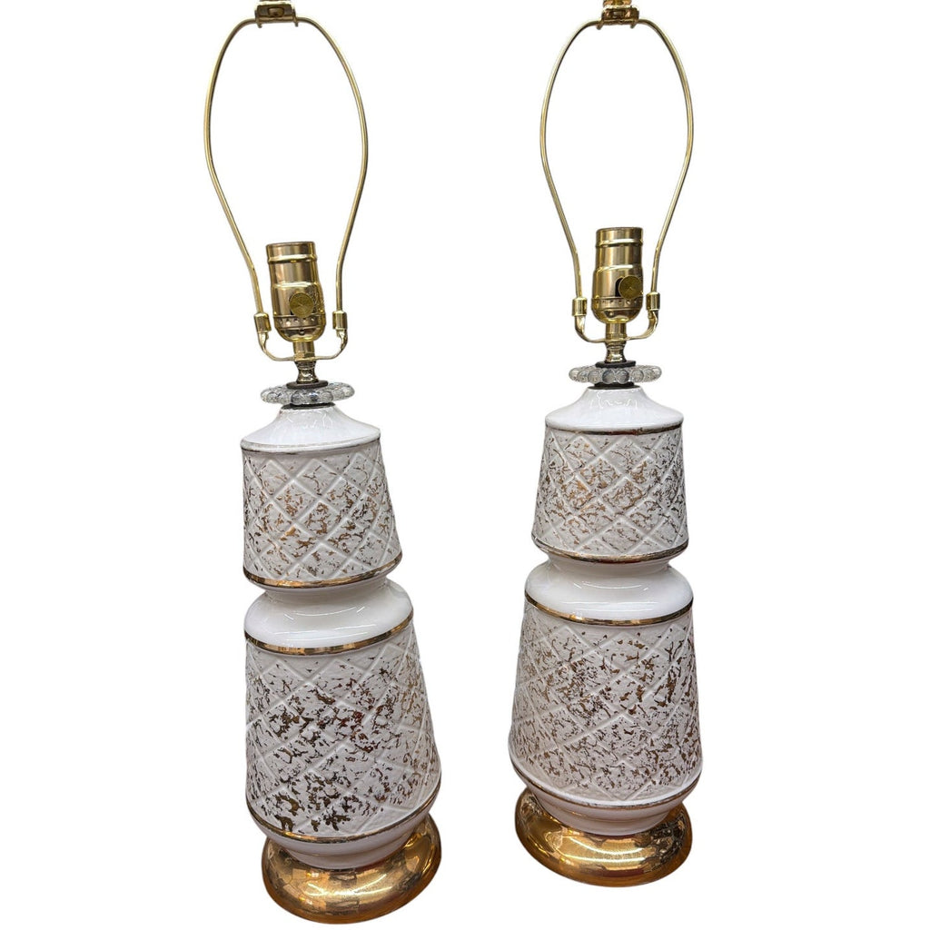 Vintage White and Gold Ceramic Table Lamps Pair Professionally Rewired
