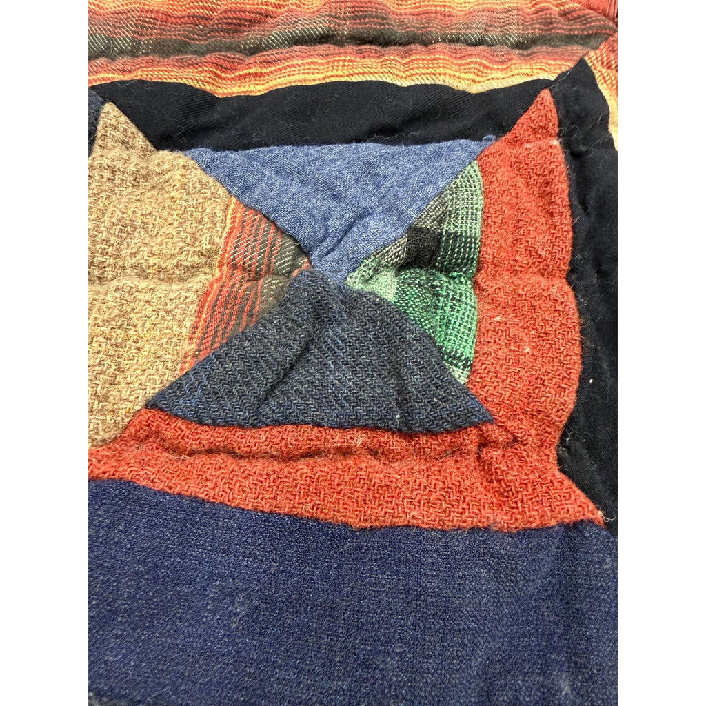 Antique Hand Pieced Wool Quilt: Primitive Folk Art Textile, Flannel Backing (77x64)