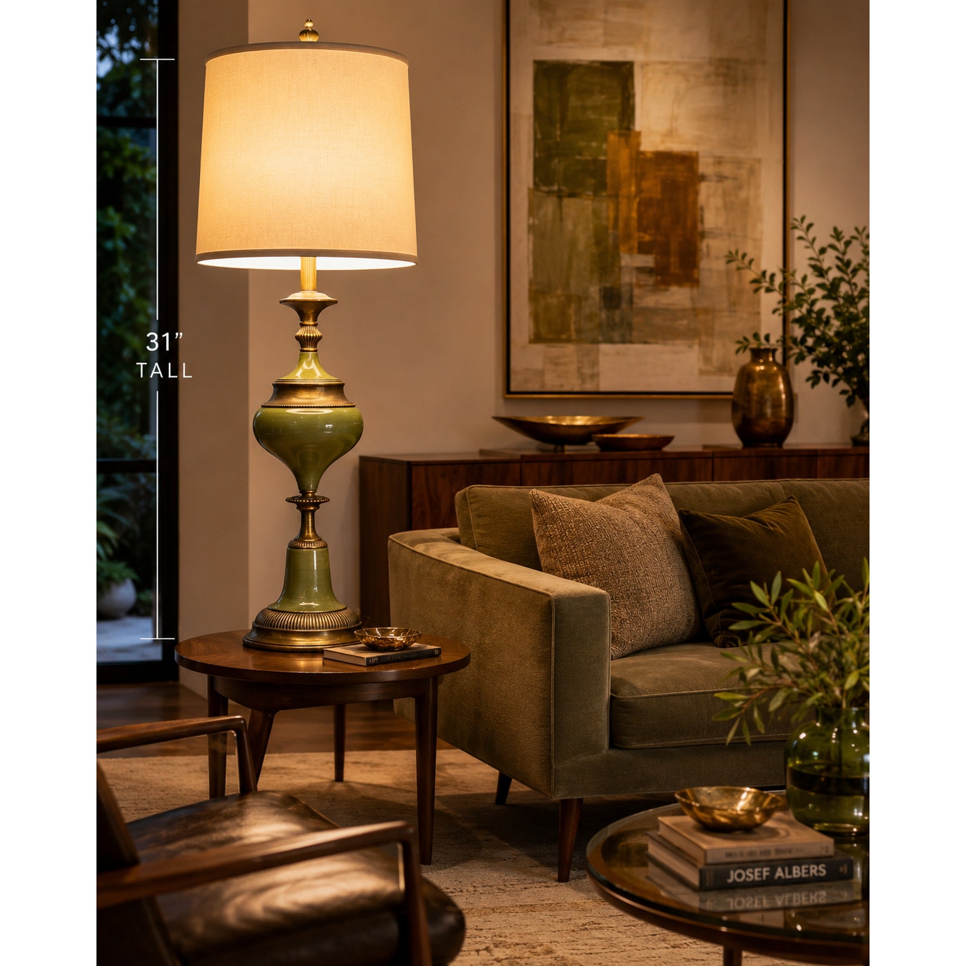 Vintage Avocado Green Brass Table Lamp 31" Hollywood Regency MCM Decor