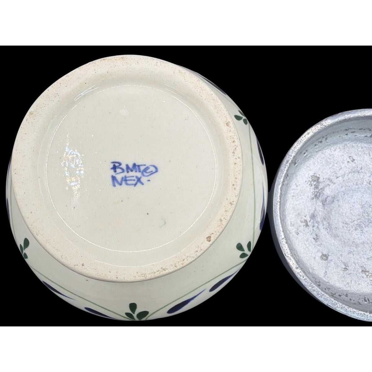 Hand Painted Mexican Ceramic Jar, Pewter Lid, Folk Art Lidded Pot – additional view 8