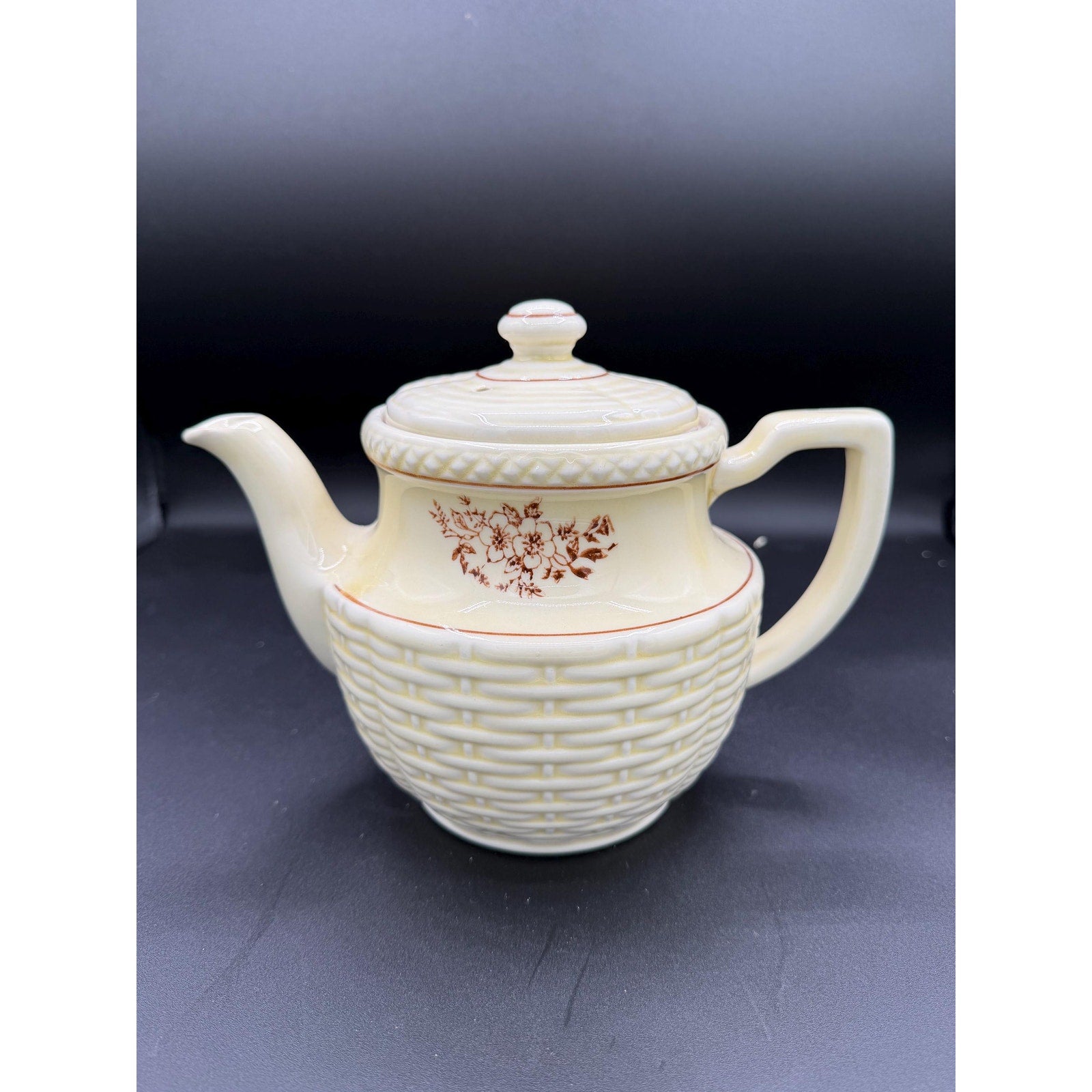 Vintage Porcelier Teapot: Ivory Basket Weave Floral China Display Piece