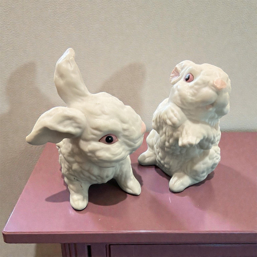 Vintage Ceramic Bunny Figurine Pair – Philippines – White Rabbits – circa 1970