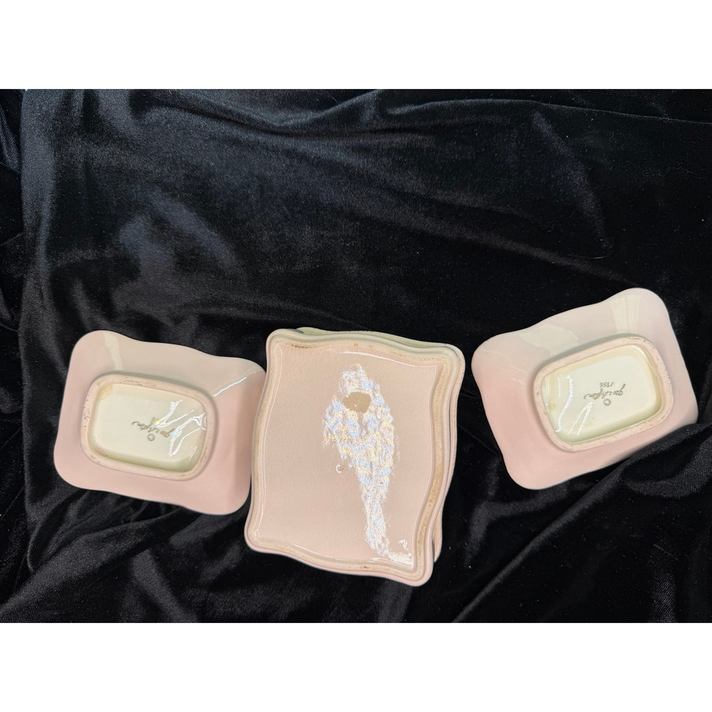 Vintage Lefton Pink Wheat Vanity Set 3 Piece Trinket Box Dresser Tray 1956