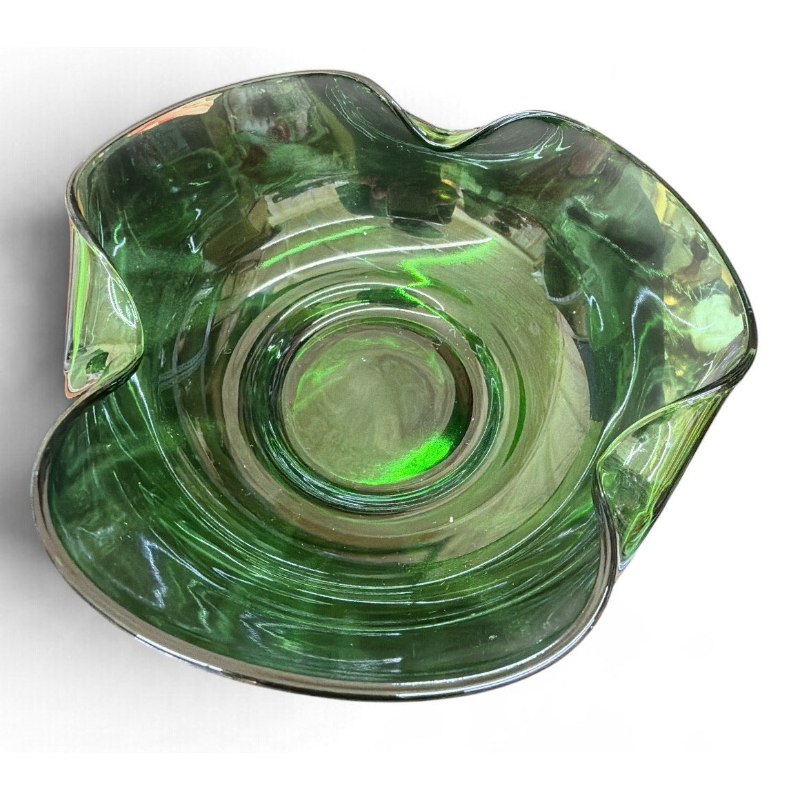 Vintage Emerald Green Glass Chip and Dip Set Ruffled Bowls Christmas Serving