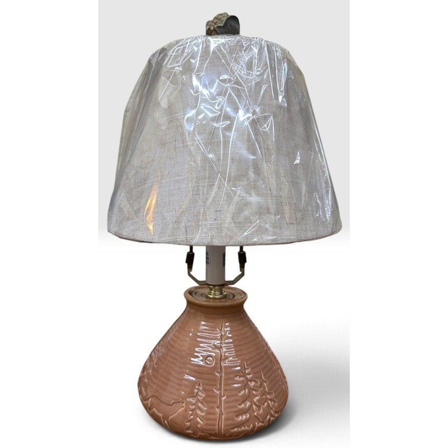Woodland Ceramic Table Lamp Pine Tree Relief Pinecone Finial Linen Shade 17" – additional view 3