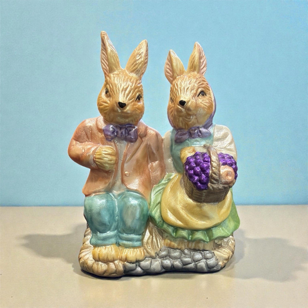 Vintage Ceramic Easter Bunny Couple Figurine, Rabbit Pair with Basket