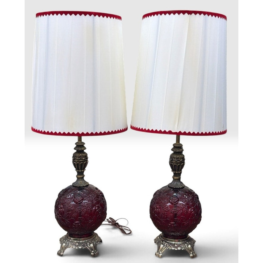 Pair Vintage Ruby Red Glass 3-Way Table Lamps Lighted Bases Roses 28" – additional view 3