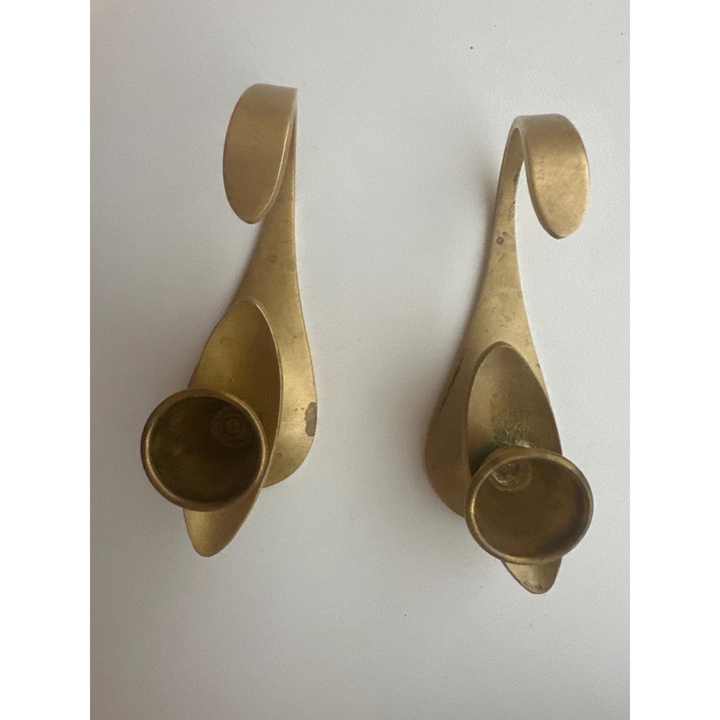 Vintage Brass Tabletop Candle Holders – Modernist Mid-Century Israel Brass