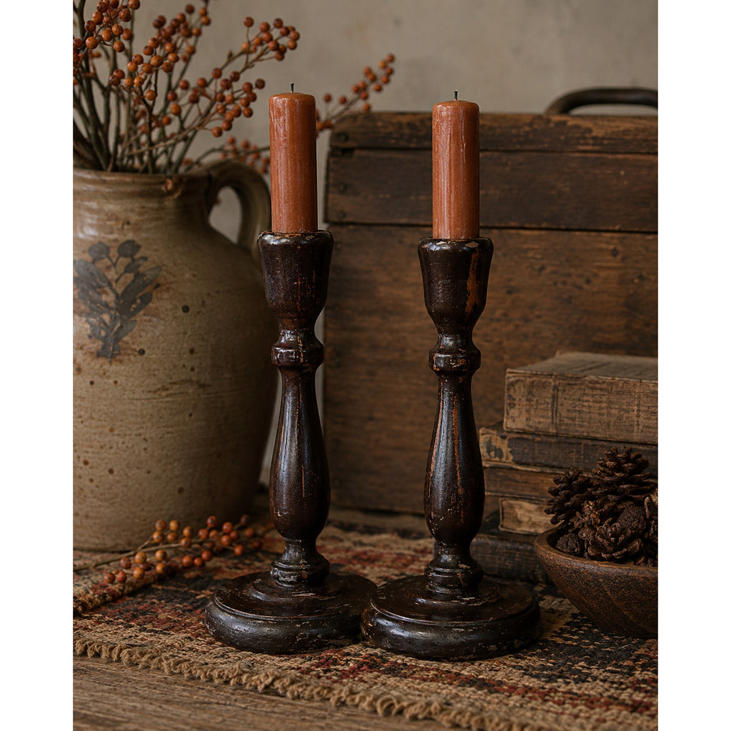 Vintage Primitive Wood Candlesticks Pair Dark Brown Timeworn 9 Inch – main view