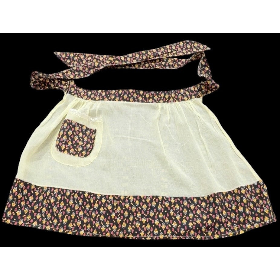 Vintage 1950s Organza Hostess Apron Sheer Floral Half Apron Long Ties – main view