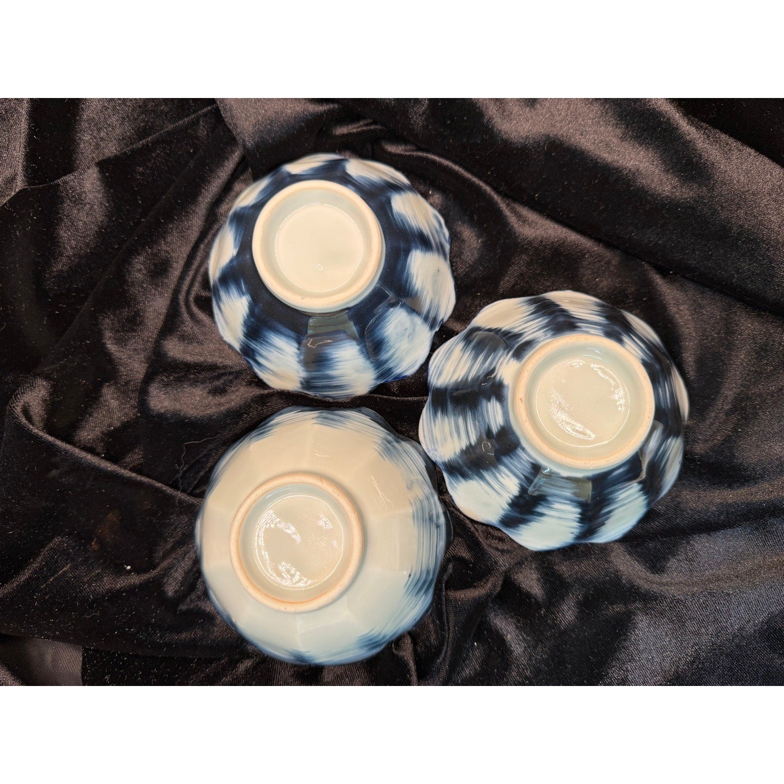 Vintage Studio Pottery Bowls Set of 3 Cobalt Blue Scalloped Dessert Rice Bowls