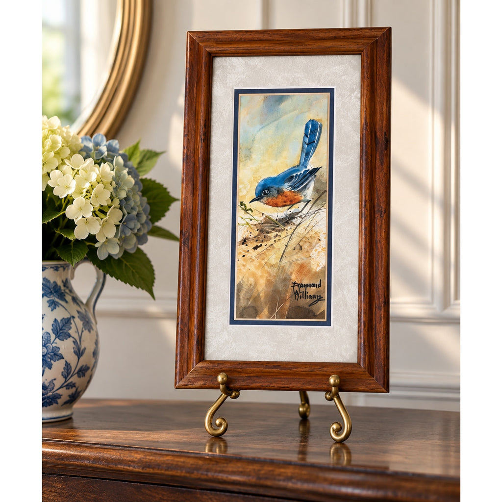 Original Bluebird Watercolor Painting Raymond Williams Curious Blue Framed Art – main view