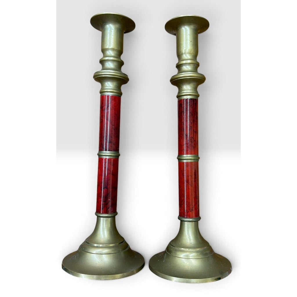 Vintage Brass Faux Marble Candlesticks Pair Red Taiwan R.O.C. 10 Inch – additional view 2