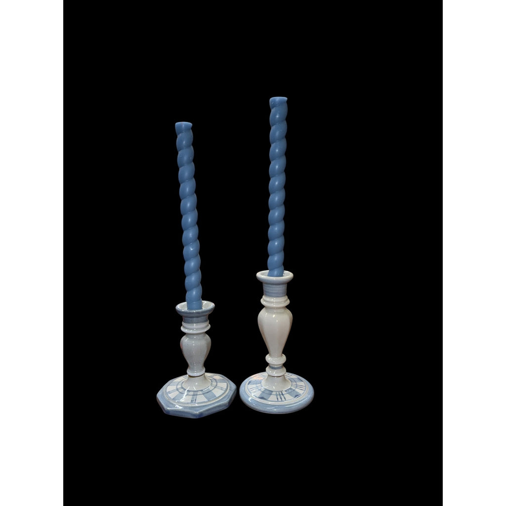Vintage Louisville Stoneware Candlesticks Blue White Set with Twisted Tapers