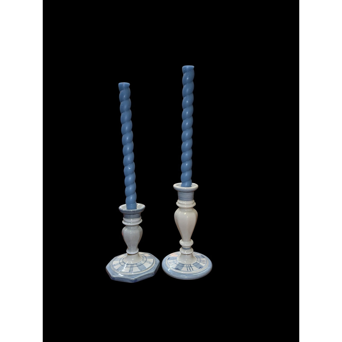 Vintage Louisville Stoneware Candlesticks Blue White Set with Twisted Tapers