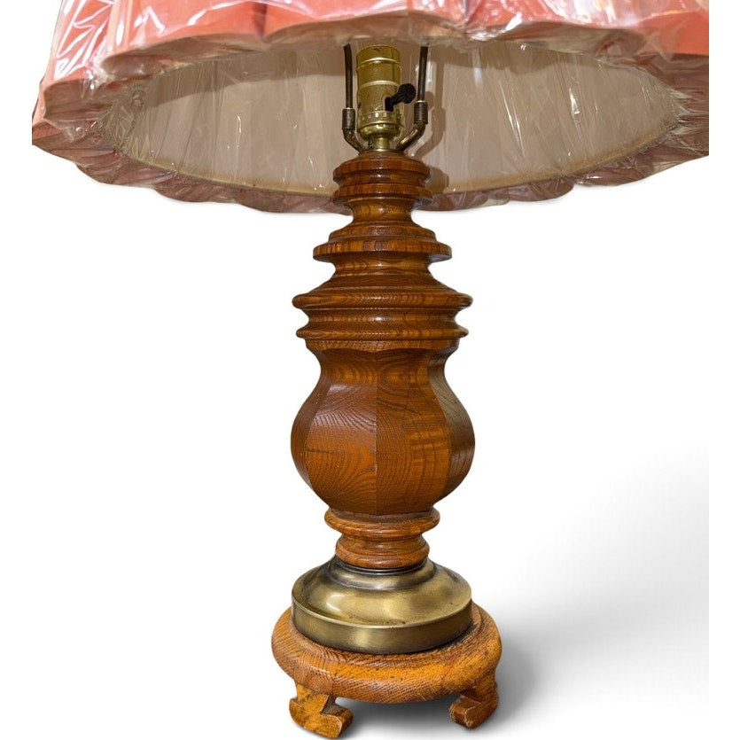 Vintage Oak Table Lamps Pair Brass Accents Pleated Shades 1980s 30 Inch