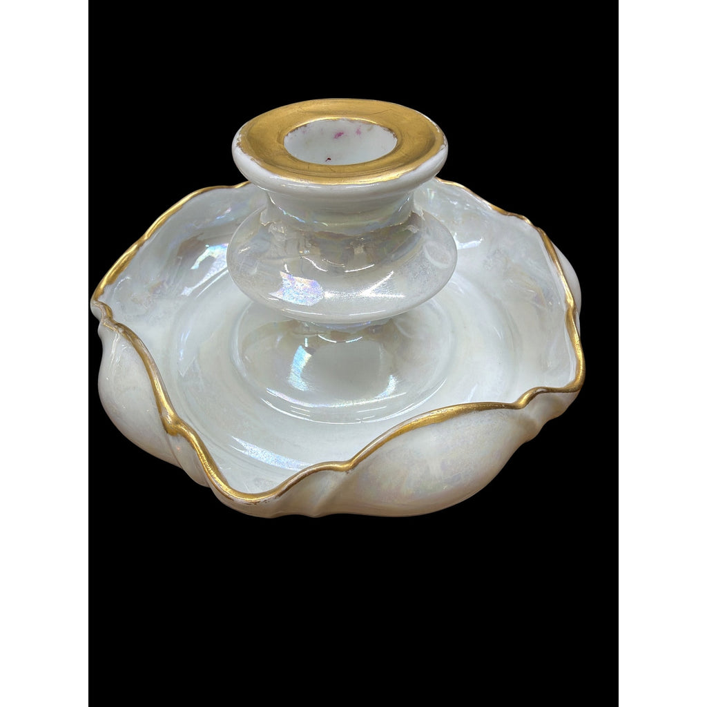 Antique RS Germany Mother of Pearl Glaze Candlesticks Pair Gold Gilt Porcelain