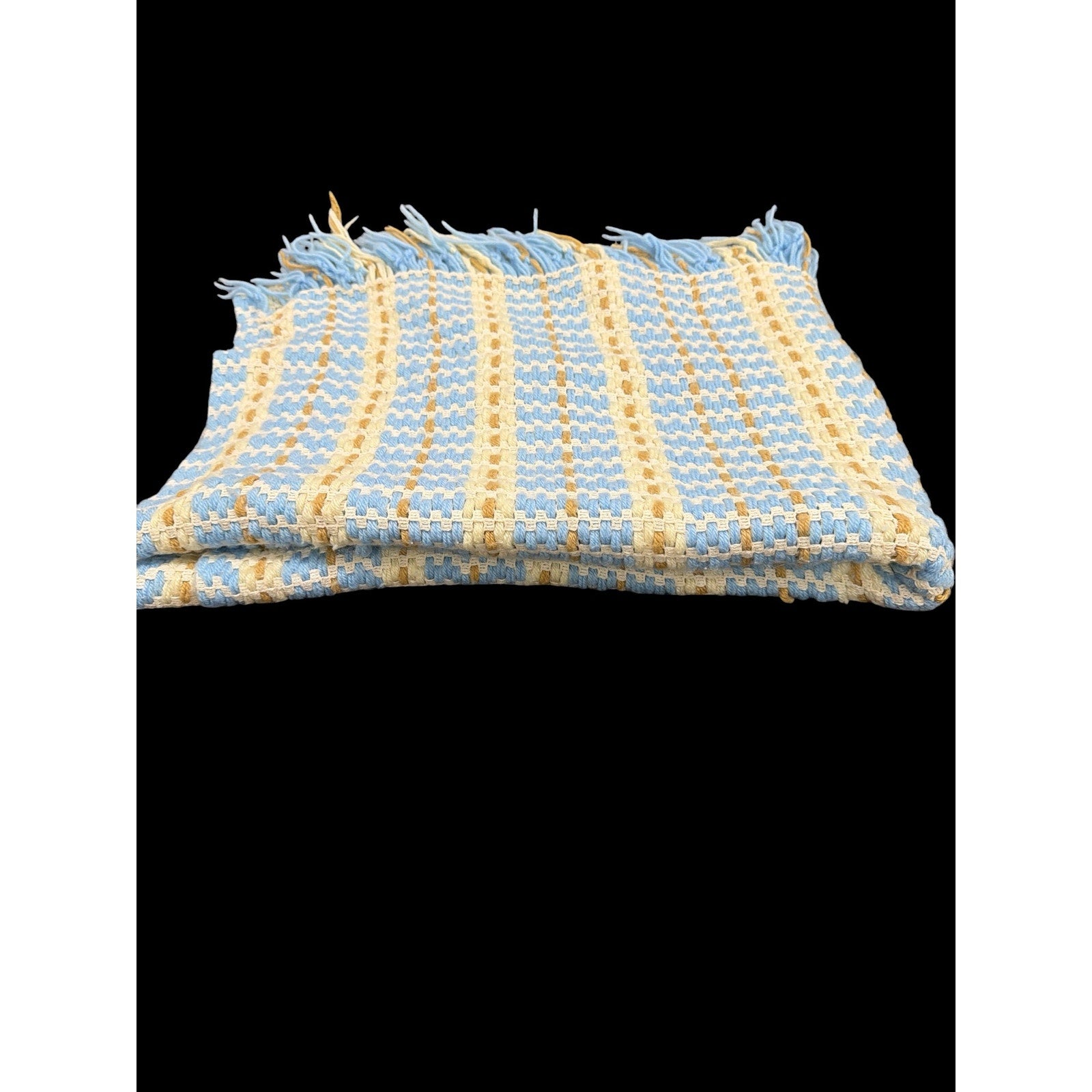 Vintage Hand Woven Afghan Throw Blanket – Baby Blue, Cream & Taupe – Fringe Blanket – Cottagecore Nursery Décor – 66” x 42”