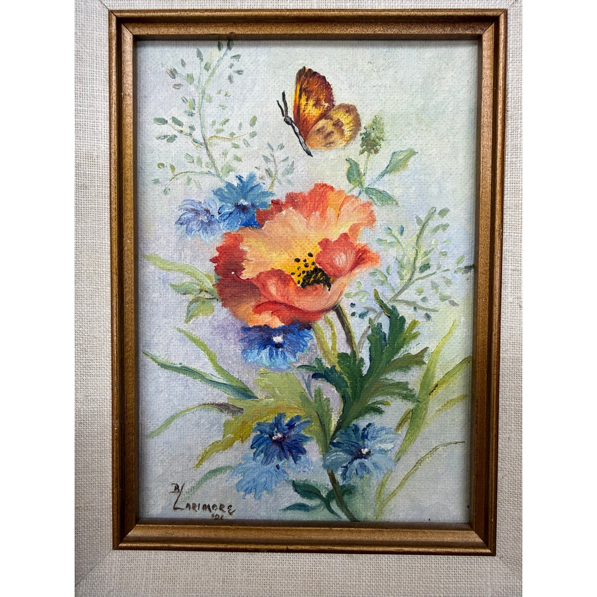 B Larimore 1981 Original Floral Painting Butterfly Signed Framed Vintage Art – additional view 5