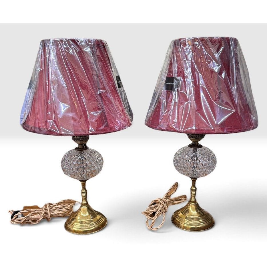 Pair Vintage Brass Bubble Glass Boudoir Lamps Rewired New Burgundy Shades – additional view 2