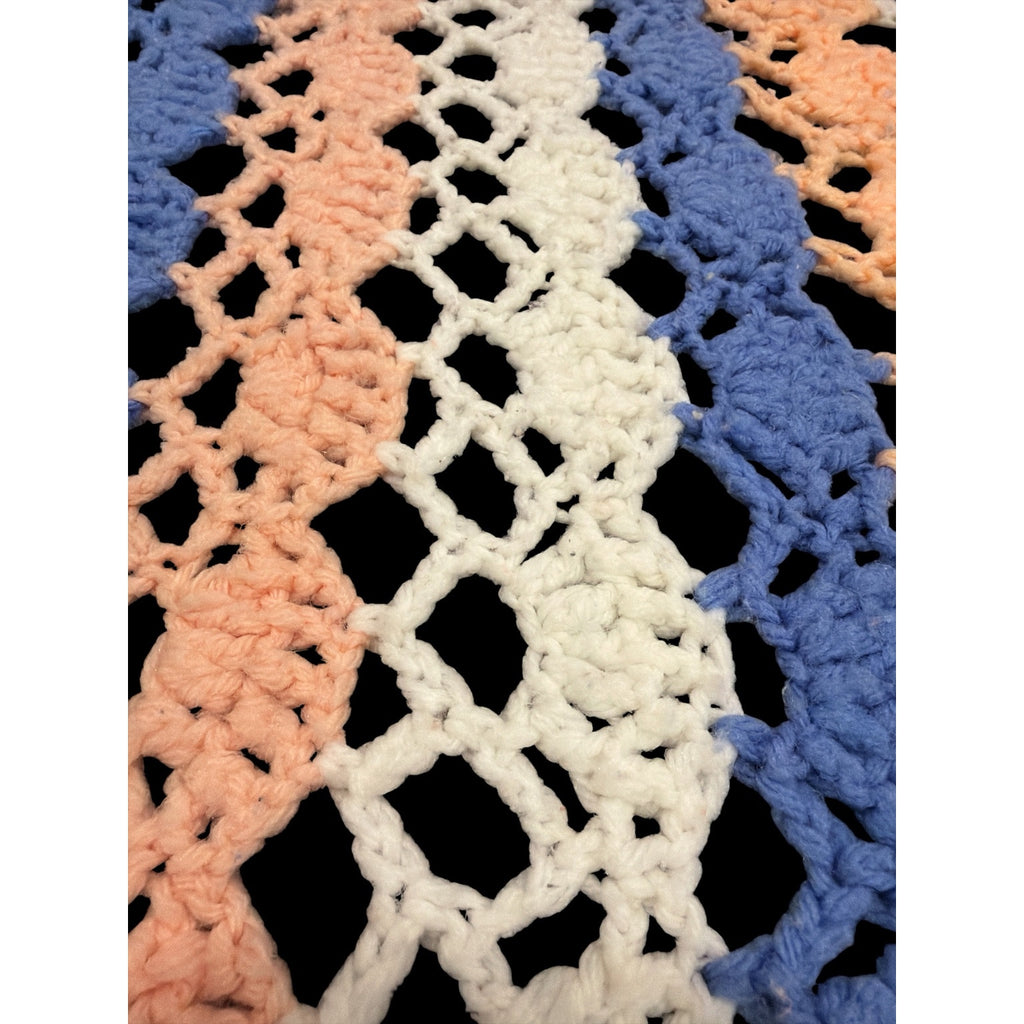 Vintage Crochet Lap Blanket Peach Blue Cream Handmade Afghan 25 x 60 – additional view 6