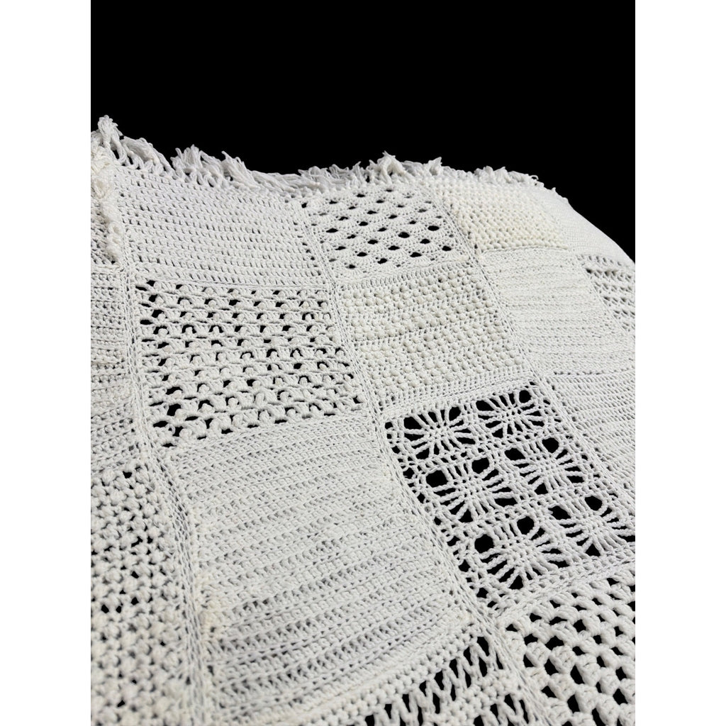 Handmade Crochet Sampler Afghan Winter White Textured Fringe 45 x 64 – additional view 5