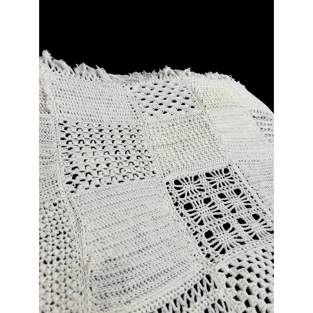 Handmade Crochet Sampler Afghan Winter White Textured Fringe 45 x 64 – additional view 5
