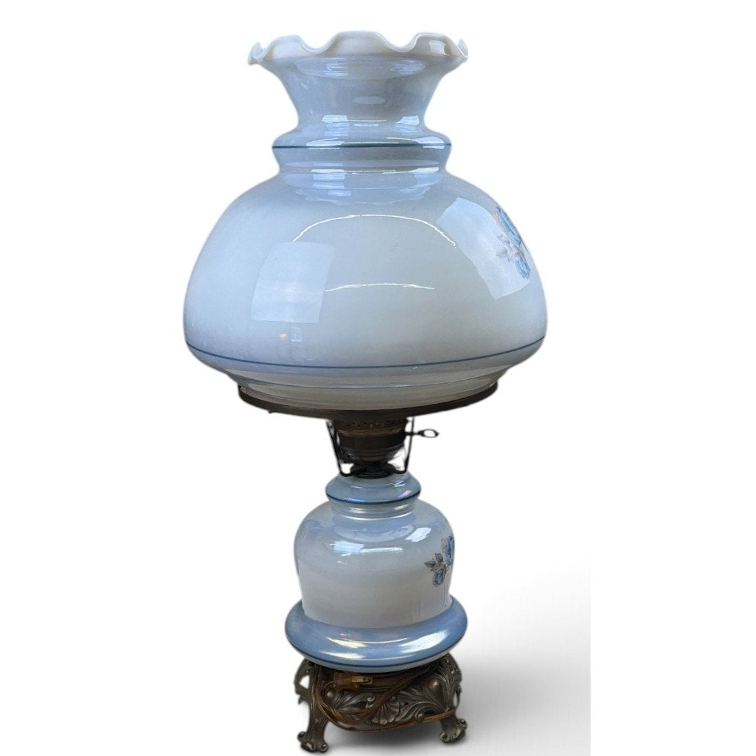 Vintage Blue Floral Hurricane Table Lamp Dual Light 27" Gone With the Wind Style