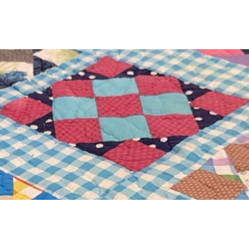Vintage Hand Quilted 20-Piece Nine Patch Quilt Blue Gingham 66 x 77 – additional view 6