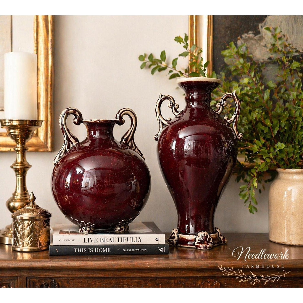Oxblood Flambé Urn Pair: Hollywood Regency Red Ceramic Vases, Rococo Handles